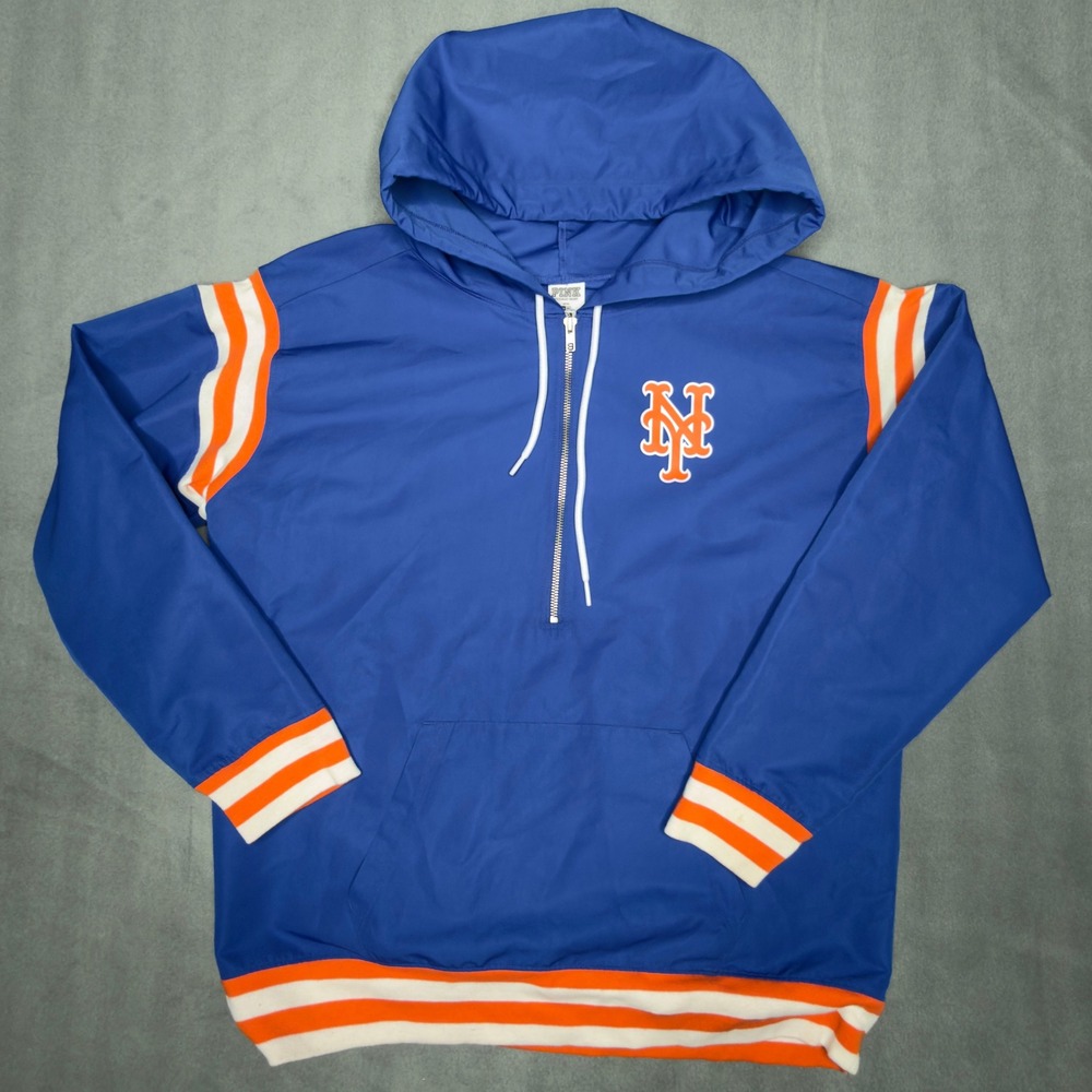 PINK Victoria's Secret New York Mets MLB Half Zip Windbreaker Hoodie Blue Mens M